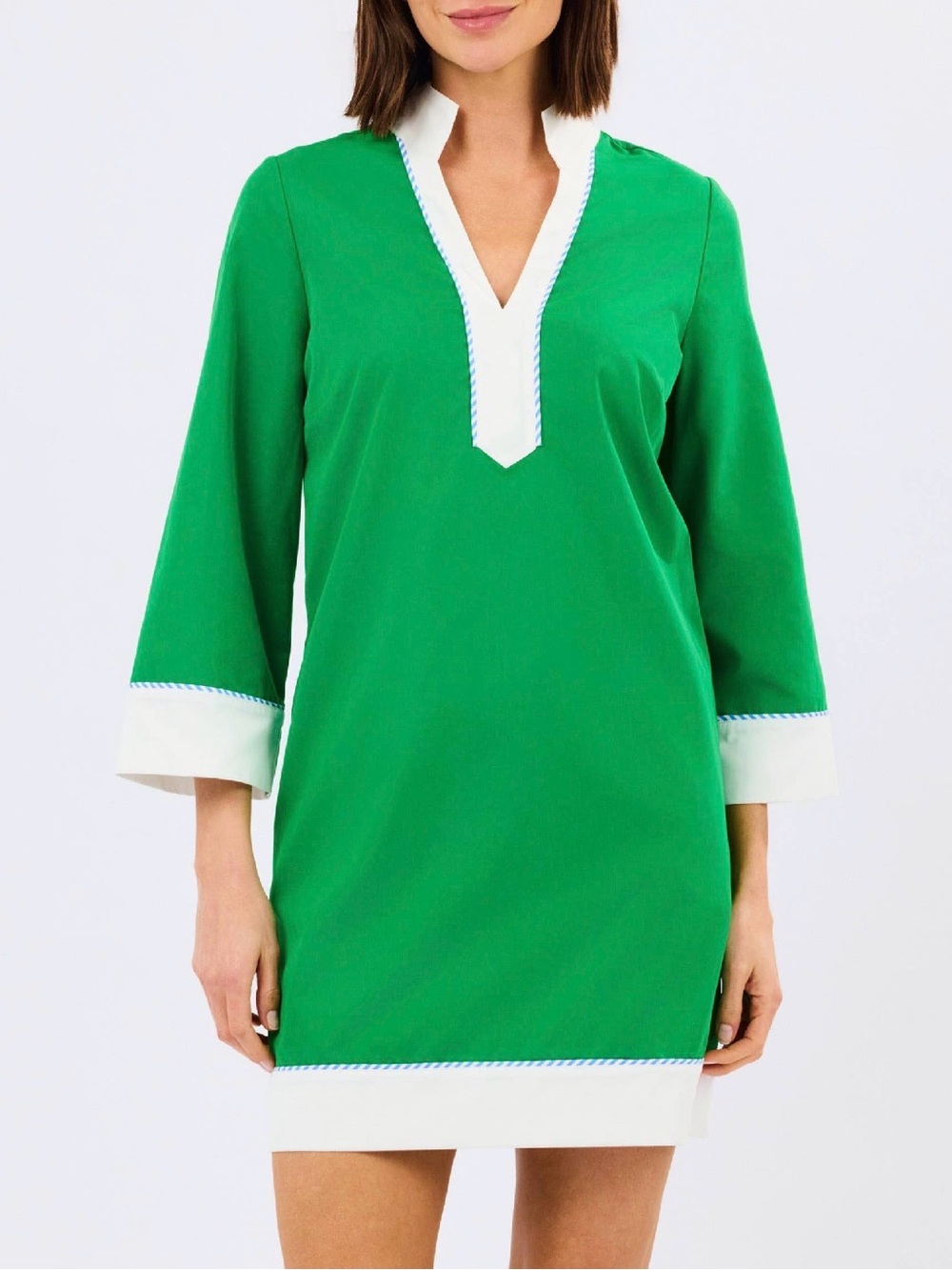 Mary Square Green Tunic Dress with White/Light Blue Accent Trim